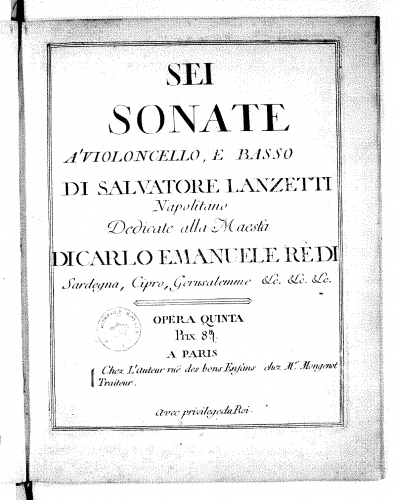 Lanzetti - 6 Cello Sonatas, Op. 5 - Score