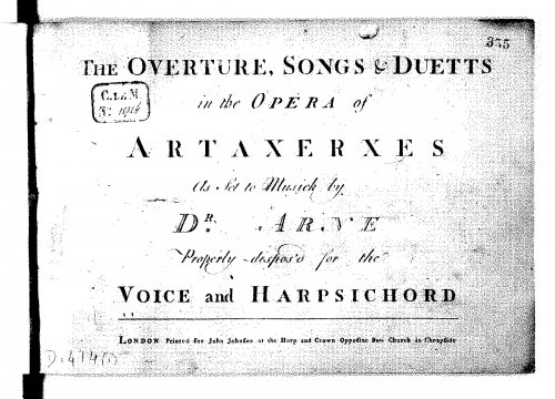 Arne - Artaxerxes - Vocal Score Selections - Score