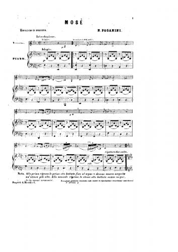 Paganini - Mose-Fantasia - For Violin and Piano (Composer) - Score
