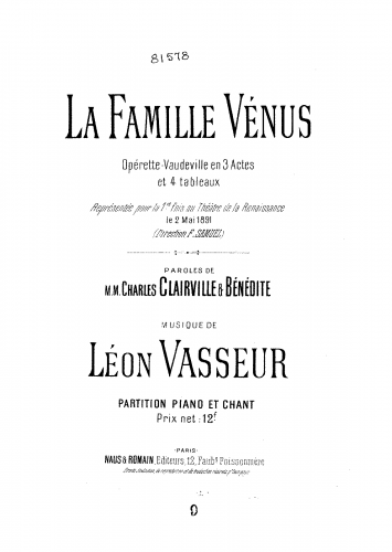 Vasseur - La famille Vénus - Vocal Score - Score