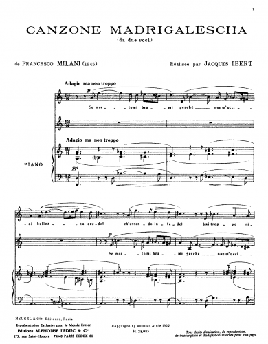 Milani - Canzone Madrigalescha - Realization by Jacques Ibert - Score