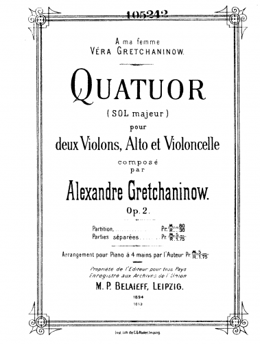 Grechaninov - String Quartet No. 1 - Scores and Parts - Score