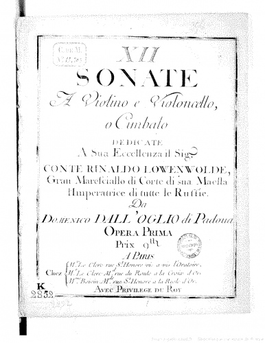 Dall'Oglio - 12 Violin Sonatas - Score