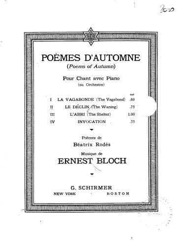 Bloch - Poèmes d'Automne - Vocal Score - 2. Le Déclin