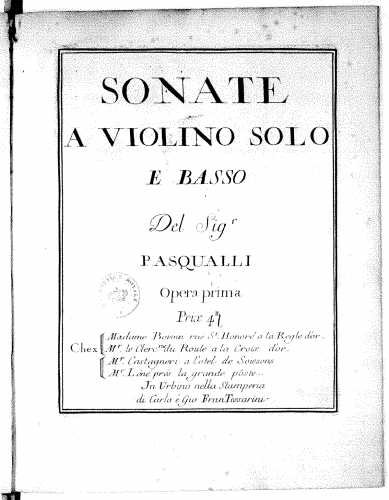 Pasquali - 6 Violin Sonatas, Op. 1 - Score