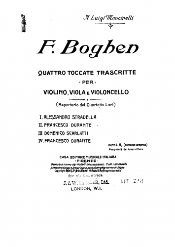 Boghen - 4 Toccate Trascritte per Violino, Viola e Violoncello - Score