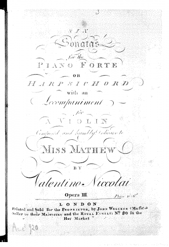 Nicolai - 6 Sonatas for Keyboard and Violin, Op. 3 - Score