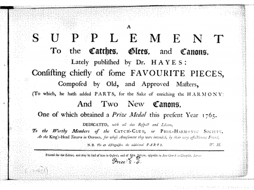 Hayes - Catches, Glees and Canons - Supplement