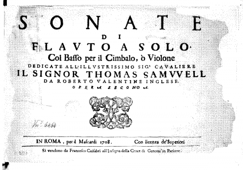Valentine - Sonate Di Flauto a Solo Col Basso per il Cimbalo o Violone - Score [incomplete]