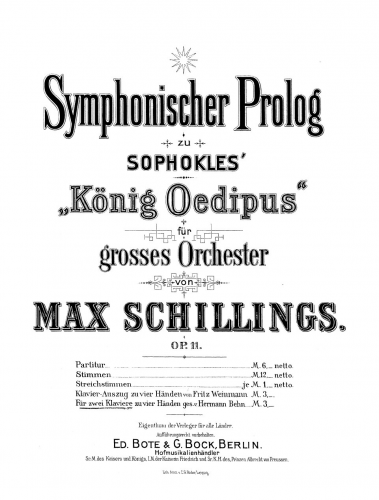 Schillings - Symphonic Prologue to King Oedipus - For 2 Pianos 4 Hands (Behn) - Score