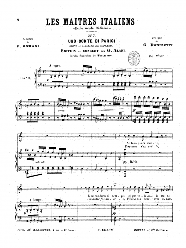 Donizetti - Ugo, conte di Parigi - Vocal Score Scena e cavatina (Soprano: "Ah! quando in regio talamo") - Score
