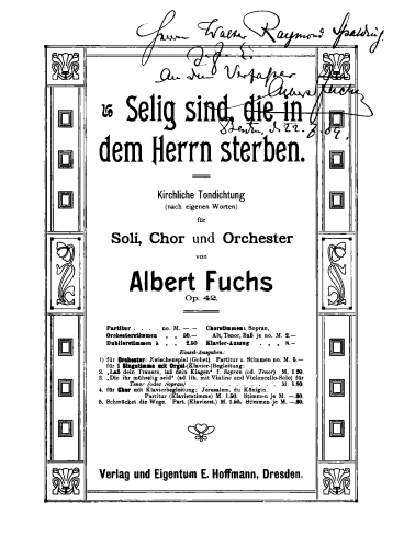 Fuchs - Selig sind, die in dem Herrn sterben, Op. 42 - Vocal Score - Score