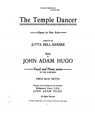 Hugo - The Temple Dancer - Vocal Score - Score