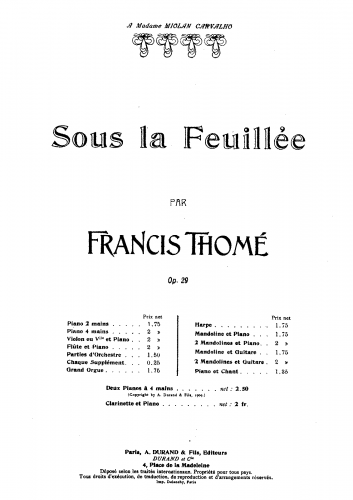 Thomé - Sous la feuillée - For Cello or Violin and Piano (Composer) - Score