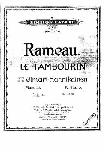 Rameau - Pièces de clavecin - Tambourin (No. 8) For Piano solo (Hannikainen) - Score