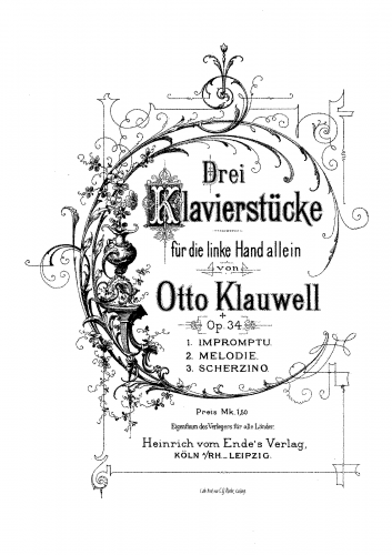 Klauwell - 3 Klavierstücke für die linke Hand allein - Score