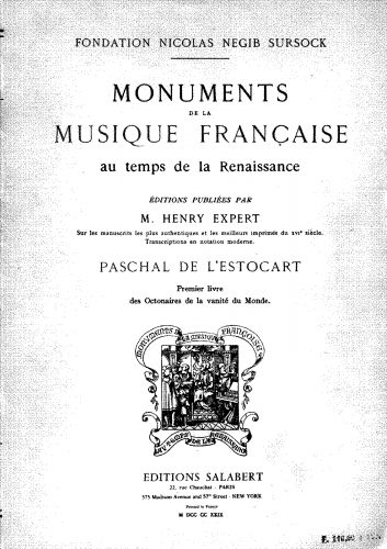 L'Estocart - Octonaires de la vanité du monde - Scores and Parts - Score