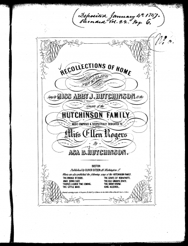 Hutchinson - Recollections of Home; New England - For Voice and Piano (White) - Score