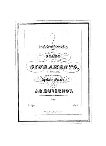 Duvernoy - Fantaisie sur 'Il giuramento' de Mercadante - Score