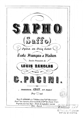 Pacini - Saffo - Vocal Score - Score