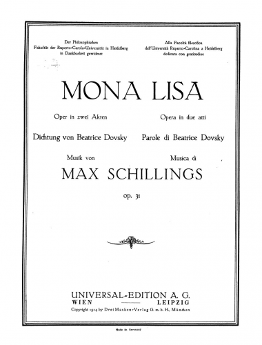 Schillings - Mona Lisa - Vocal Score - Score