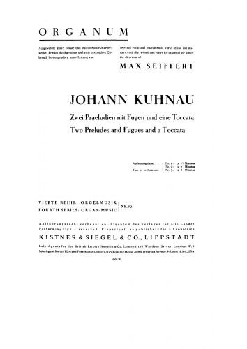 Kuhnau - Zwei Praeludien mit Fugen und eine Toccata - Score