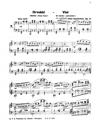 Hannikainen - Onnen linna - Orvokki (The Violet) For Piano Solo (Composer) - Score