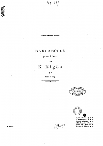 Eiges - Barcarolle, Op. 4 - Score