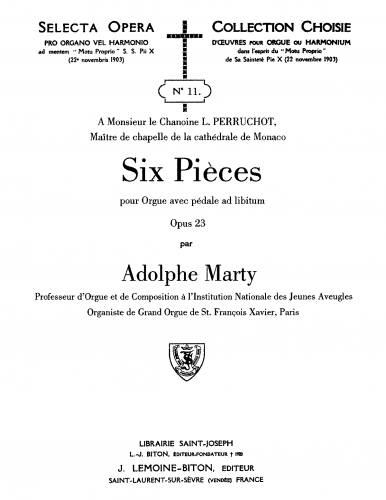 Marty - 6 Pièces pour orgue avec pedale ad libitum - Score