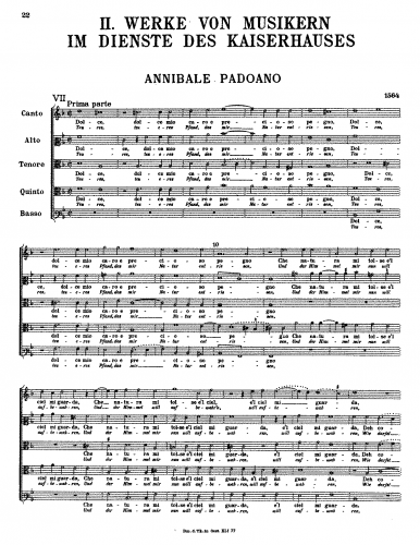 Padovano - Dolce mio caro e precioso pegno - Score