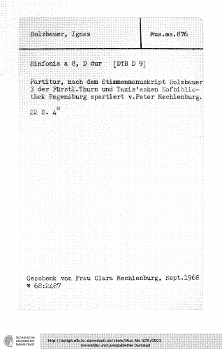 Holzbauer - Symphony in D major, ULB Mus. Ms. 876 - Score