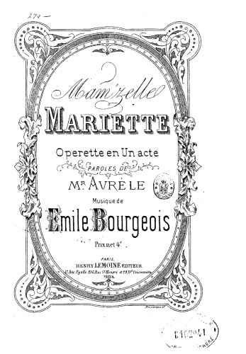 Bourgeois - Mam'zelle Mariette - Vocal Score - Score