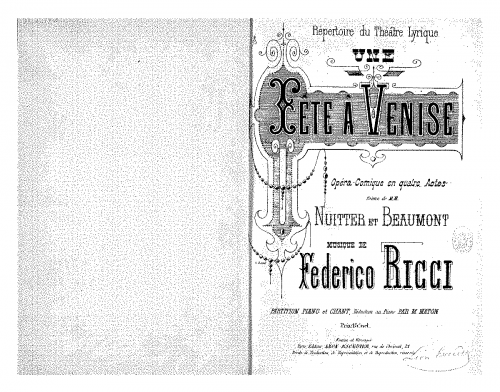 Ricci - Il marito e l'amante Une fête à Venise - Vocal Score - Score