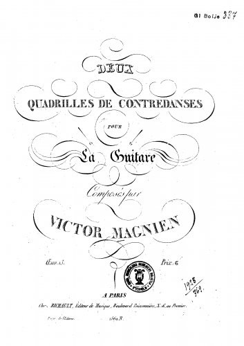 Magnien - 2 quadrilles de contredanses pour la guitare - Score