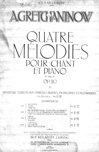 Grechaninov - Quatre mélodies pour chant et piano - 4. ?????? ; Le capif ; Der Gefangene