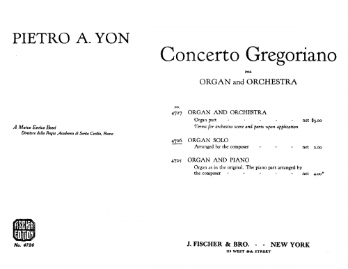Yon - Concerto Gregoriano for Organ and Orchestra - For Organ Solo (Composer) - Score