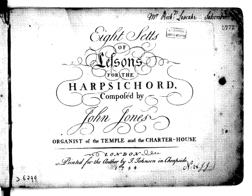 Jones - 8 Setts of Lessons for the Harpsichord - Score