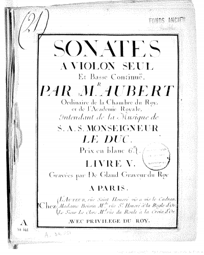 Aubert - 6 Violin sonatas, Book 5 - Score