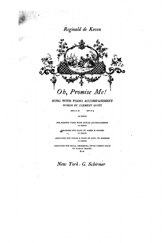 De Koven - Oh promise me, Op. 50 - For Piano solo (Rogers) - Score