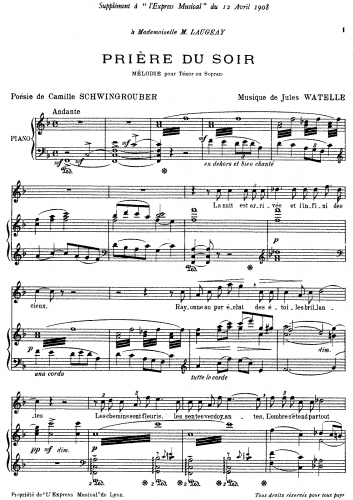 Watelle - Prière du soir - Vocal Score - Score