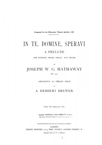 Hathaway - In te, Domine, speravi - For Organ solo (Brewer) - Score