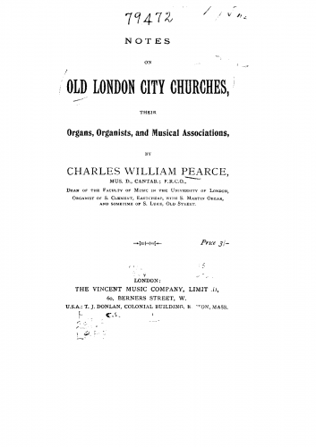 Pearce - Notes on Old London City Churches, their Organs, Organists, and Musical Associations - Complete Book
