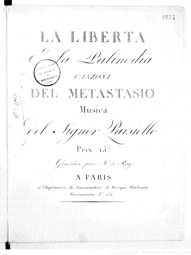 Paisiello - La Libertà e la Palinodia - Vocal Score - Score