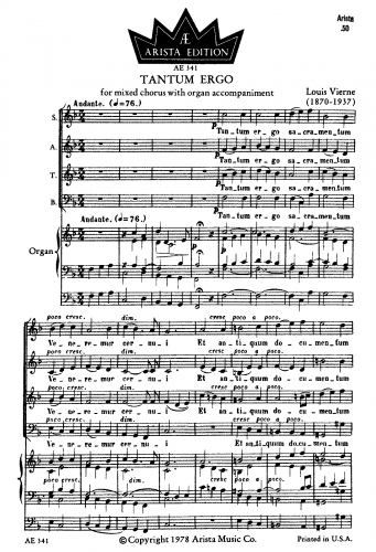 Vierne - Tantum ergo - For Mixed Chorus and Organ - Score