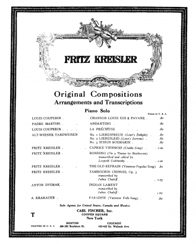 Kreisler - Caprice Viennois - For Piano solo - Score