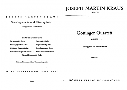 Kraus - String Quartets - Scores and Parts Quartet in A major, VB 185 (No. 1) - Score