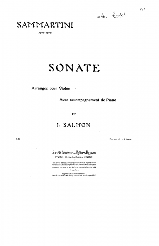 Sammartini - Cello Sonata in G major (2) - For Violin and Piano (Salmon)
