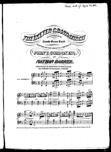 Barker - The Exeter Grand March - For Piano - Score