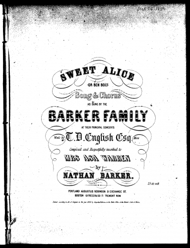 Barker - Sweet Alice, Or Ben Bolt - Score