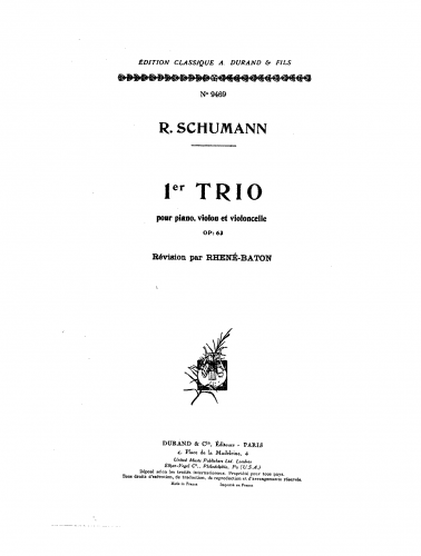 Schumann - Piano Trio No. 1 - Scores and Parts